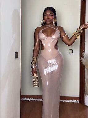 PrettyLittleThing Blush Sequin Cutout Maxi Dress